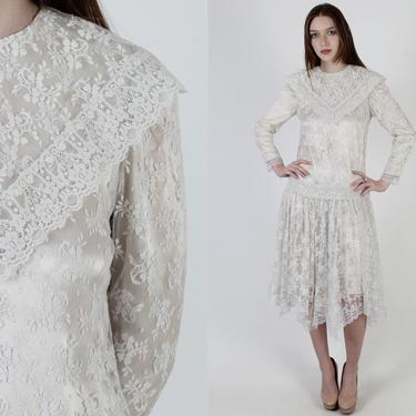 80s Light Taupe Gunne Sax Dress / 1980s Romantic White Floral Lace Dress / Deco Bridal Tea Party Capelet Collar Lawn Midi Dress 10 