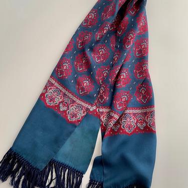 1940'S Dress Scarf - All Silk - Beautiful Blues with Red Paisleys -Hand Knotted Fringe Details -  56 Inches x 13-1/2 Inches 