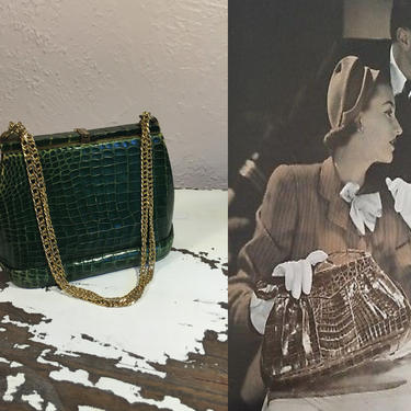 The Van Dahl's Are Here - Vintage 1940s Dark Green Crocodile Embossed Leather Handbag 