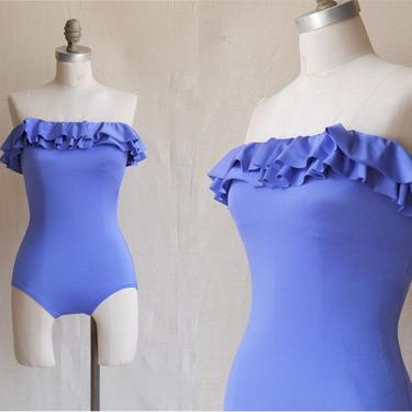 Vintage 80s Periwinkle Bill Bass Ruffle Swimsuit/ 1980s Strapless Purple Blue One Piece/ Size Small 
