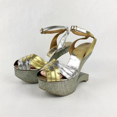 Vintage 1970s RARE Goody Two Shoes Gold & Silver Glitter Platform Heels, Vintage Platforms, 1970s 70s, Glam Rock, Disco, Size 7.5/8 by Mo
