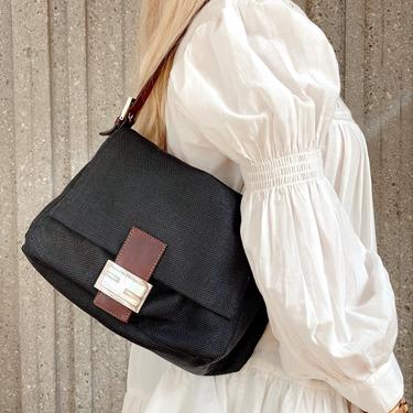 Vintage FENDI FF Black Mesh Brown Leather Large Forever Mama Baguette Purse Shoulder Bag Tote 