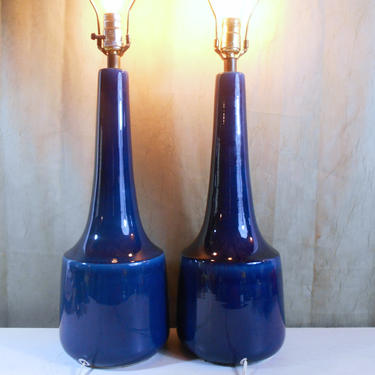 Pair of Tall Cobalt Blue Lotte Bostlund Table Lamps - Danish Modern Style Ceramic Lamp 