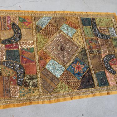 Vintage Indian Art Quilt Beaded 1990s 1980s Multicolor Patchwork Ochre Yellows Wall Hanging 