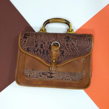 WOW Very Chic Vintage 80s Brown Leather Top Handle Purse with Egyptian Tooled Leather Theme 