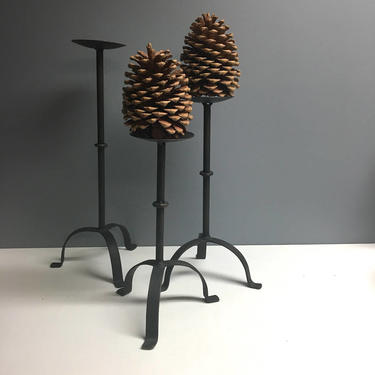 Wrought iron candlestick trio - graduated heights - handmade 1980s vintage 
