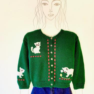 Vintage Sweater - Christmas Sweater - Cardigan - Green and Red Sweater - Hand Knit Sweater - Wool Sweater 