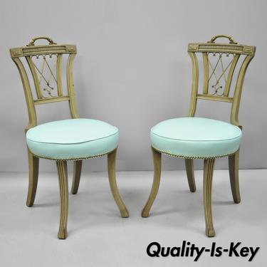 Pair of Carved Mahogany French Regency Style Chairs w/ Brass Handle &amp; Aqua Vinyl
