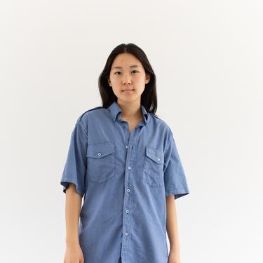 Vintage Rinsed Blue Work Shirt | Overdye Simple Blouse | Crinkled Cotton | M 
