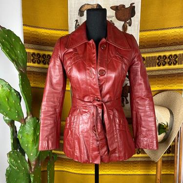 Vintage 1970s Red Leather Belted Jacket 