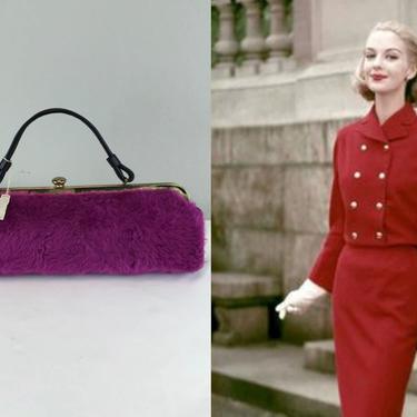 Frolicking Furs - Vintage 1950s 1960s NOS Fuchsia Magenta Pink Faux Fur Baguette Long Handbag Purse - Rare Style Colour 