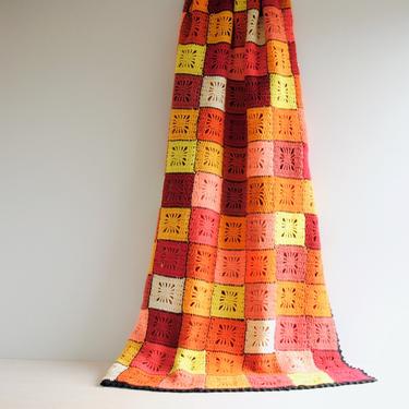 Vintage Hand Crocheted Afghan Blanket in Colorful Squares, Orange, Pink, Red, Yellow Blanket 