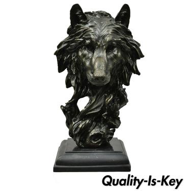 Bronze Wolf Head Bust Wild Life Sculpture Statue Figure with Marble Base