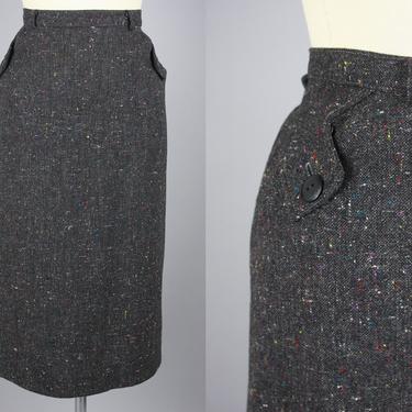 1950s Flecked TWEED Skirt with Pockets | Vintage 50s Charcoal & Rainbow Fleck Skirt | medium/large 