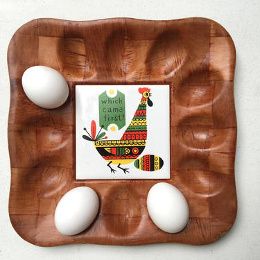Mid Century Modern Egg ServingTray, Deviled Egg Platter, Which Came First By Woven Wood, Kitsch Chicken Egg Retro Graphics 