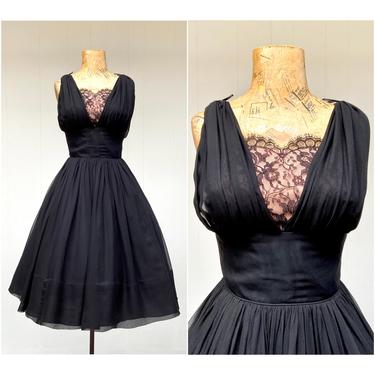 Vintage 1950s Jay Herbert Party Dress, 50s Sleeveless Black Silk Chiffon and Lace Cocktail Dress, Special Occasion Frock, Small 34&quot; Bust 