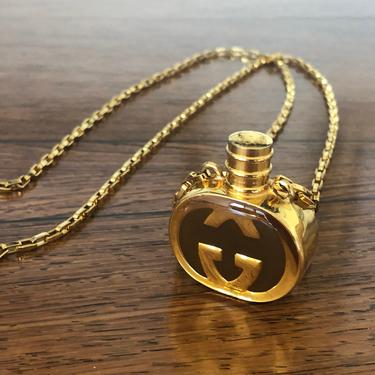 Vintage 90's GUCCI GG Monogram Enamel Brown Gold Perfume Parfum Bottle Gold Charm Pendant Necklace Jewelry 