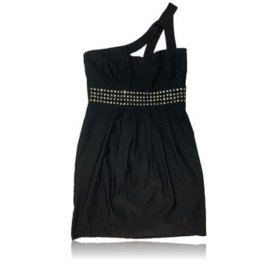 90's Edgy Metal Studded Black Mini Dress Party //  One-shoulder // City Triangles // Size 11 
