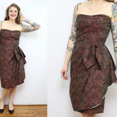 Vintage 60's Brown Strapless Cocktail Dress / 1960's Party Dress / Floral / Women's Size Small - Medium 