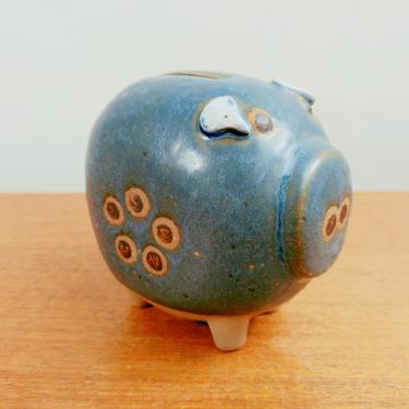 Vintage Stoneware Pig Piggy Coin Bank | Blue Pottery | Flower Design White Ears | Japan | 1960s 