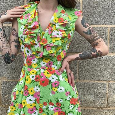 1960s Green Floral Gown 