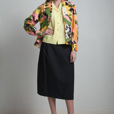 skirt set vintage 70s 3-piece yellow top black skirt floral print jacket poly knit L XL LARGE - Extra Large 