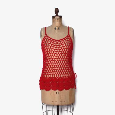 Vintage 70s Crochet Top / 1970s Red Peekaboo Boho Top with Side Ties by luckyvintageseattle