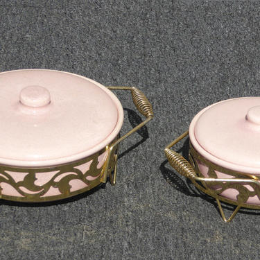 Pair Vintage Mid Century Modern Pink Warming Serving Dishes 