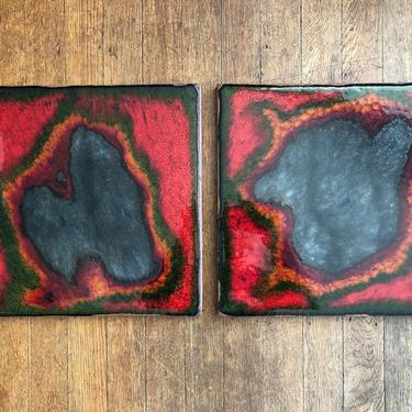Set Of Two Large Terracotta Abstract Design Art Tiles 
