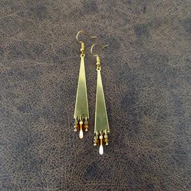 Brass chandelier earrings, boho geometric dangle earrings, gypsy earrings, unique triangle earrings, bohemian earrings, amber crystal 