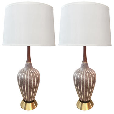 A Shapely Pair of Danish Modern 1960's Brown Salt-glazed Pottery Ovoid-form Lamps