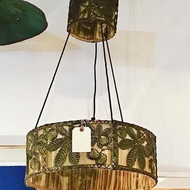 Antique French Bohemian two tiered gilt metal and fabric hanging lamp.