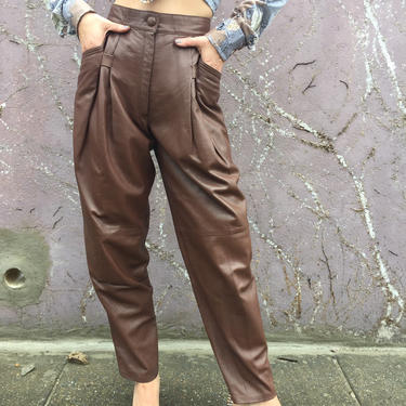 80s leather pants | high waisted pleated brown pants | tapered leg trousers 