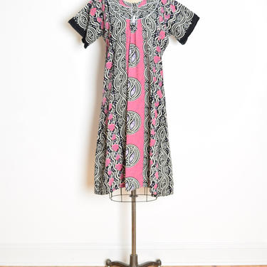 vintage 70s caftan dress black pink batik print ethnic hippie boho maxi L XL cotton clothing long dress 