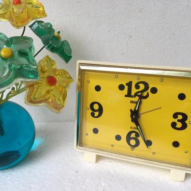60's Vintage Yellow Bradley Alarm Clock, Yellow And Black Mod Groovy Wind Up Travel Clock 