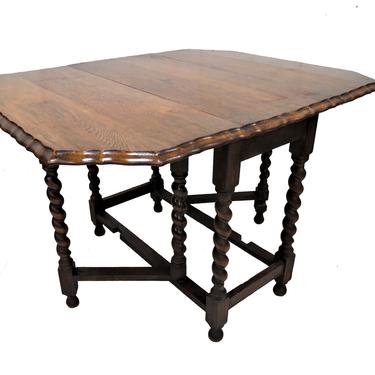 Drop Leaf Dining Table | Antique English Oak Barley Twist Scalloped Edge Gate Leaf Table 