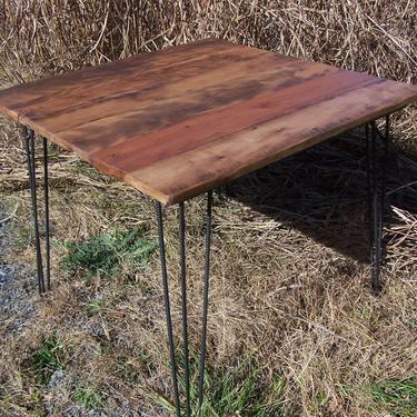 Breakfast Table with Reclaimed Wood Plank Top and Industrial Style Mid Century Modern Hairpin Legs 