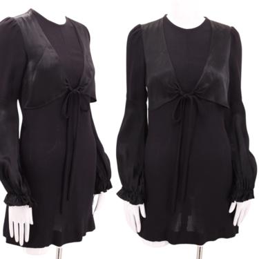 60s RADLEY of London Moss crepe black micro mini dress S / vintage 1960s satin tie witchy dolly dress 36 Quorum 