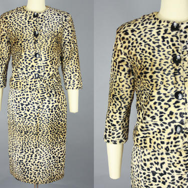 1960s PLUSH LEOPARD Suit | Vintage 60s Cheetah Print Cropped Jacket &amp; Pencil Skirt Set | xs / small 