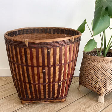 Medium Basket - Two Tone Medium Bamboo Wicker Planter Basket -  Coastal Decor Medium Storage Basket - Bamboo Planter Pot Basket 15&amp;quot; Tall 