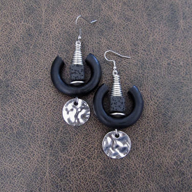 Black wooden earrings, modern dangle earrings, artisan earrings, bold statement earrings, unique earrings, contemporary long geometric 