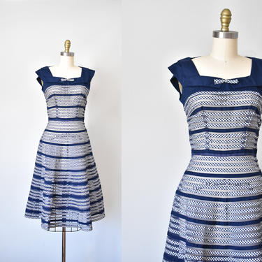 Millie cotton sheer 1950s dress, navy 1940s dress, vintage dresses for women 