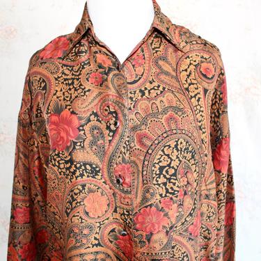 Vintage 80s Silk Blouse, 1980s Floral Blouse, Collared, Long Sleeve, Flower Paisley Print, Button Up, Dolman Sleeves 