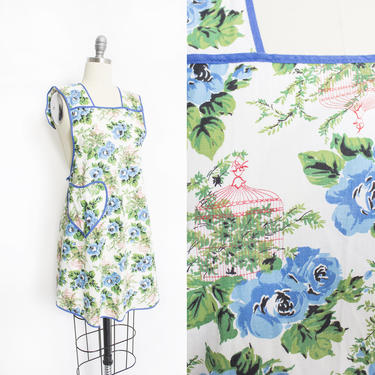Vintage 1950s Apron - NOVELTY Print Blue Rose &amp; Birdcage Floral Cotton 50s 