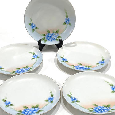 5 Vintage Nippon Japan Hand Painted Blue Flower Bread or Appetizer Plates 