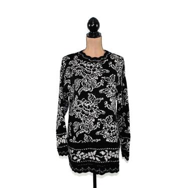 80s Floral Sweater Large, Tunic Long Knit Pullover, Metallic Silver & Black, 1980s Clothes Women, Vintage Clothing Winter Holiday Christmas 