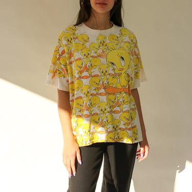 Vintage 90s Tweety Bird All Over Print Single Stitch Tee Shirt | Boxy Fit, Heavyweight Cotton | 1990s Official Loony Tunes Character T-Shirt 