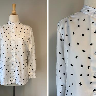 Vintage 1970s Black and White Dalmatian Dot Print Blouse | Size M/L 