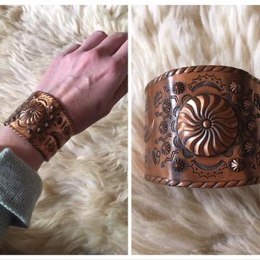70s copper cuff bracelet - Mexican copper bracelet, Aztec engravings / 70s Mexico bracelet, Mexican jewelry / copper jewelry, boho cuff 