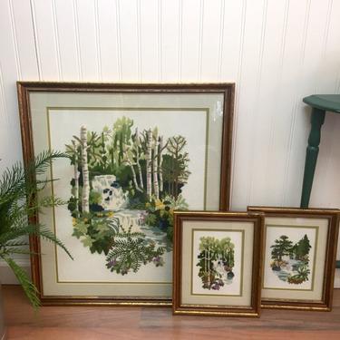 Waterfall and woods framed crewel needlework - set of three framed hand stitched works - 1970s 
